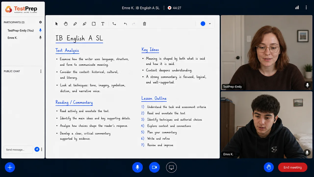 Whiteboard in an IB English A SL lesson: text analysis of language, structure and form, active-reading and commentary notes, key ideas on how meaning is shaped, and a seven-step lesson outline from annotating the text to revising the commentary.