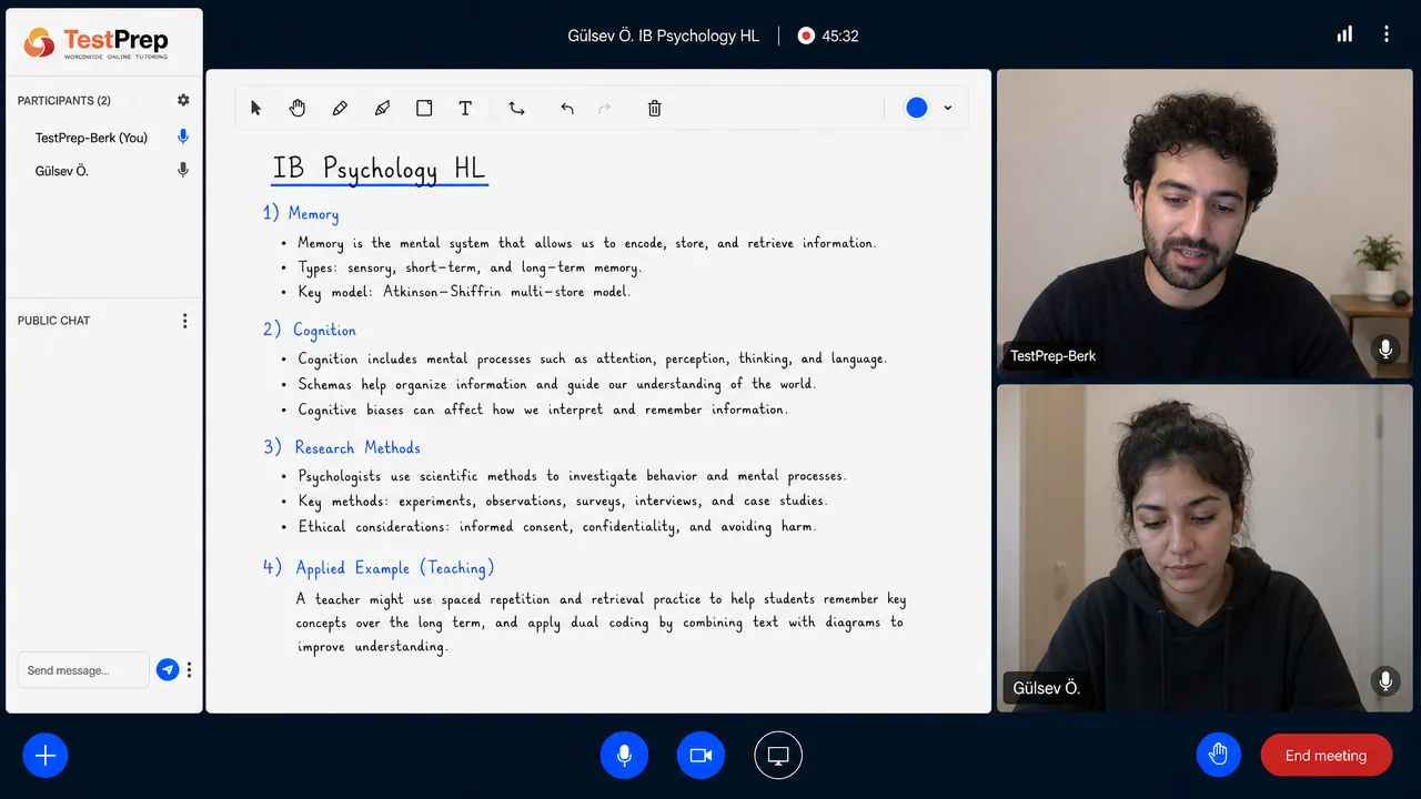 Whiteboard in an IB Psychology HL lesson: memory types and the Atkinson-Shiffrin multi-store model, cognition and schemas, research methods with their ethical considerations, and an applied teaching example using spaced repetition and dual coding.