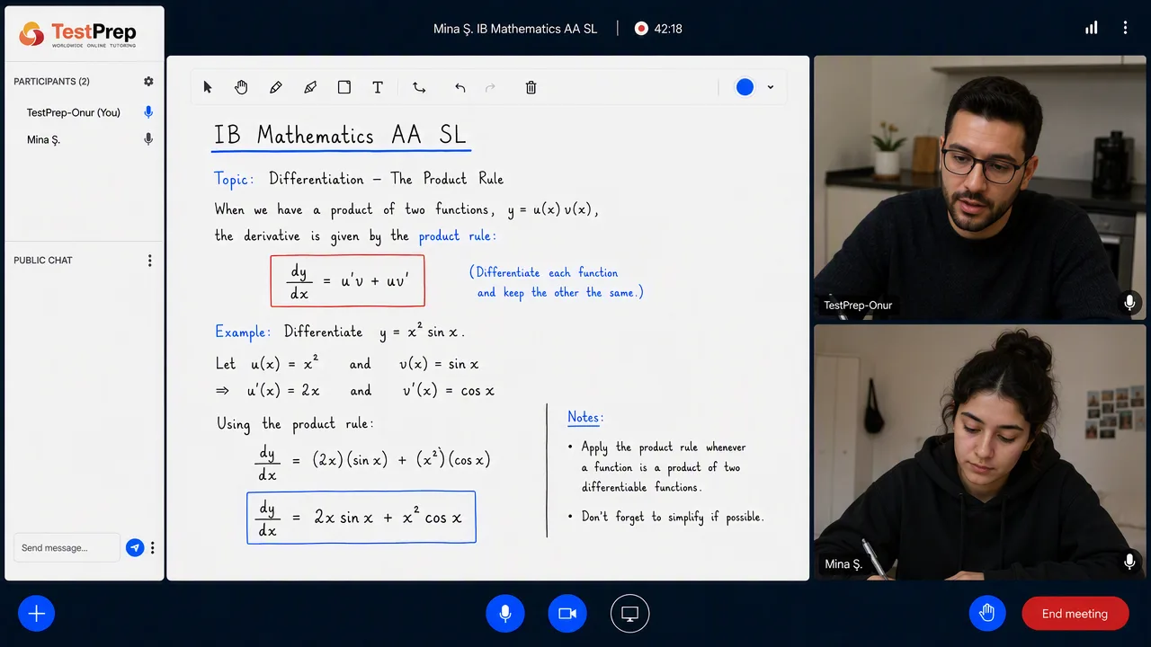 Whiteboard in an IB Mathematics AA SL lesson: the product rule boxed as dy/dx equals u-prime v plus u v-prime, then y equals x squared sin x differentiated step by step to 2x sin x plus x squared cos x.