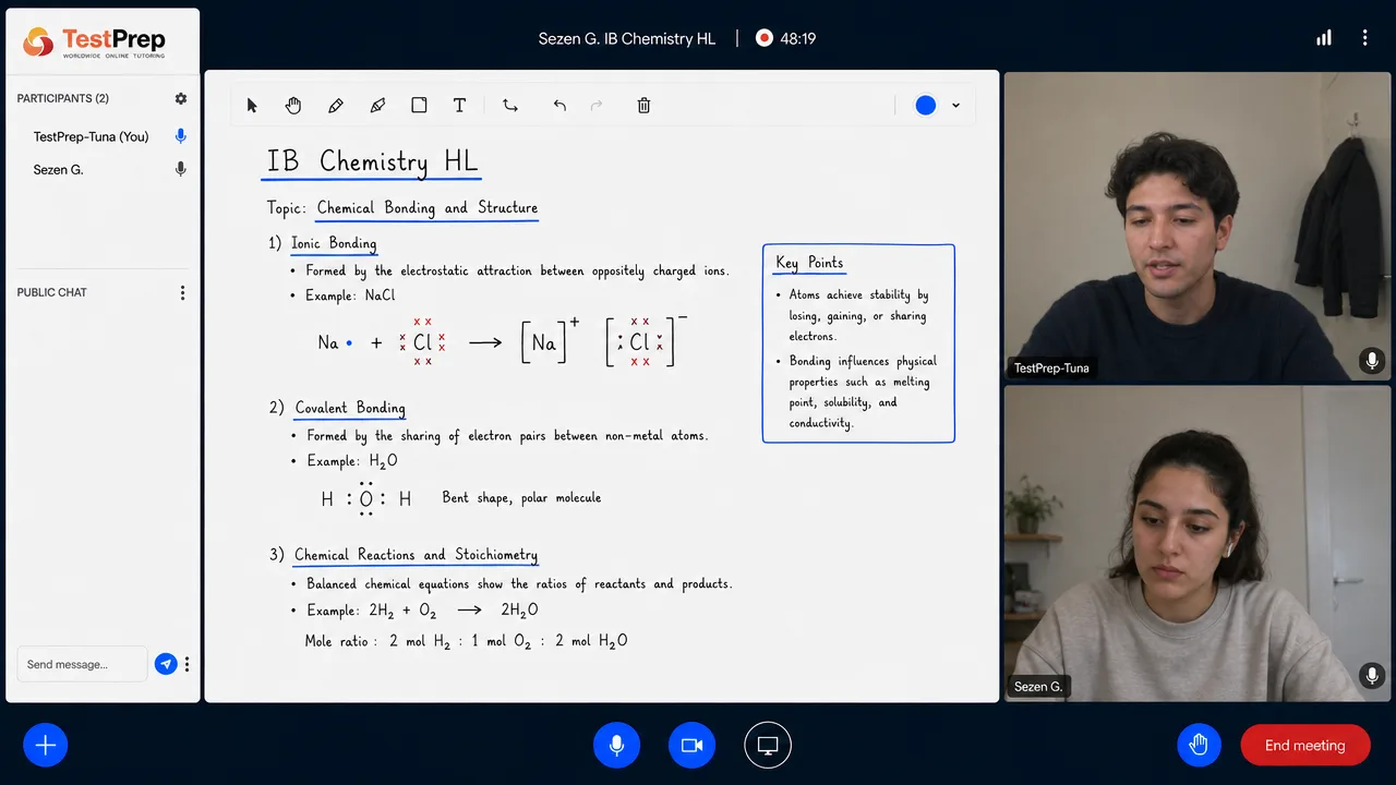 Whiteboard in an IB Chemistry HL lesson on bonding and structure: ionic bonding drawn as electron transfer forming sodium chloride, covalent bonding as a bent water dot structure, and the mole ratio read off the balanced equation 2H2 plus O2 gives 2H2O.