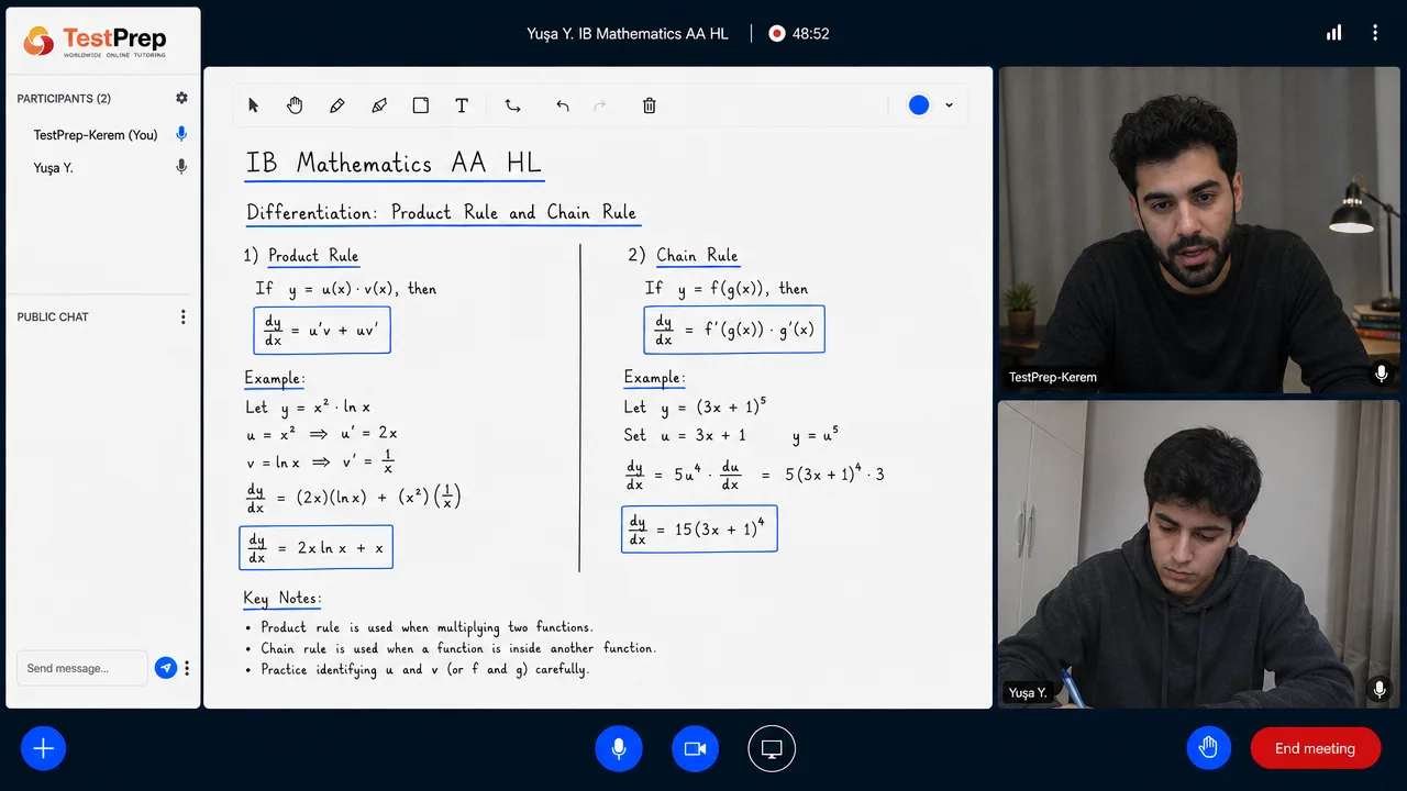 Whiteboard in an IB Mathematics AA HL lesson: the product rule worked on y equals x squared ln x to give 2x ln x plus x, and the chain rule worked on y equals (3x + 1) to the fifth to give 15(3x + 1) to the fourth.