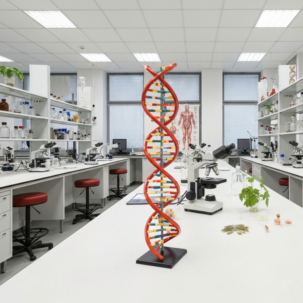 Modern biology laboratory with microscopes and DNA models for A-Level Biology preparation