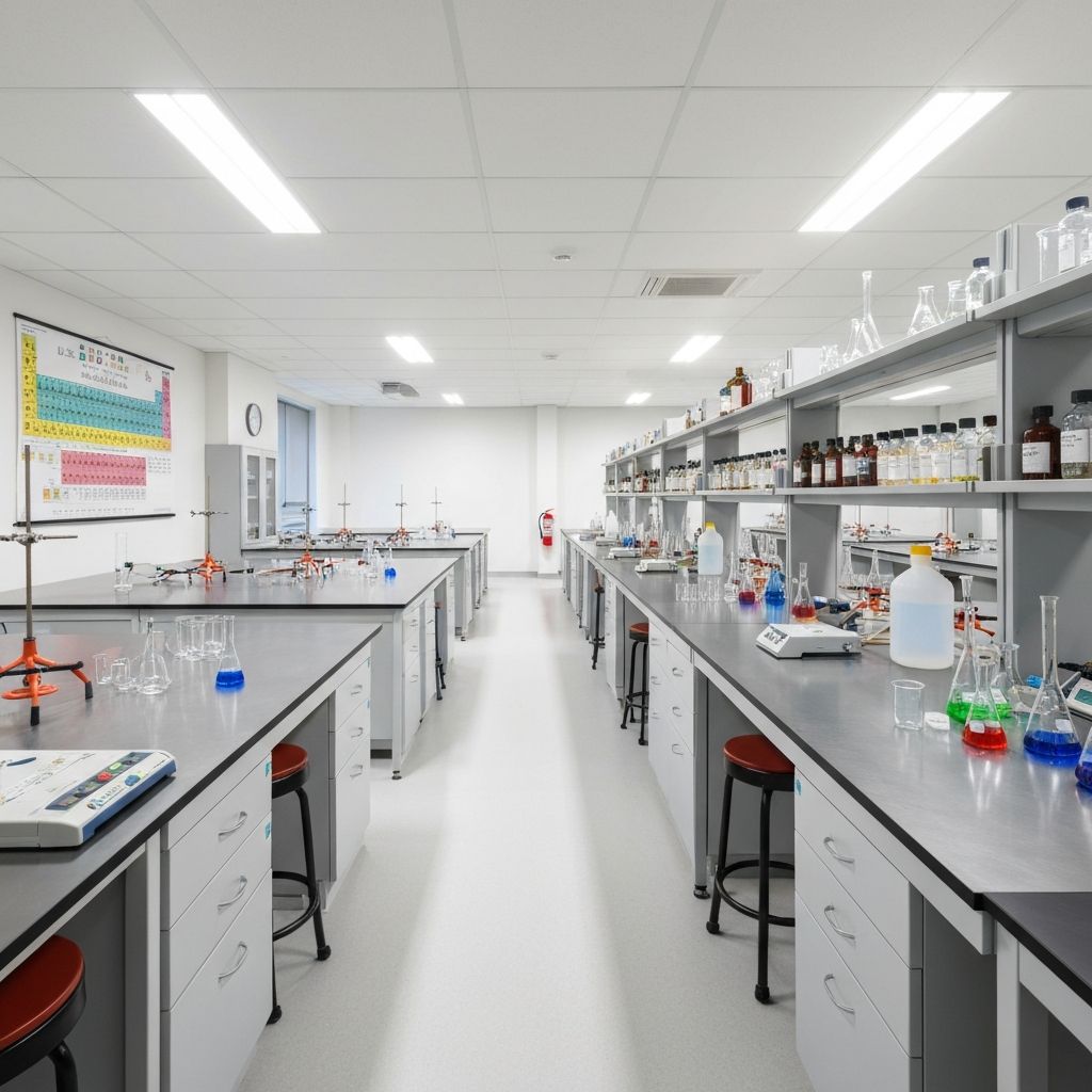 Chemistry laboratory with colorful solutions and scientific equipment for A-Level Chemistry preparation