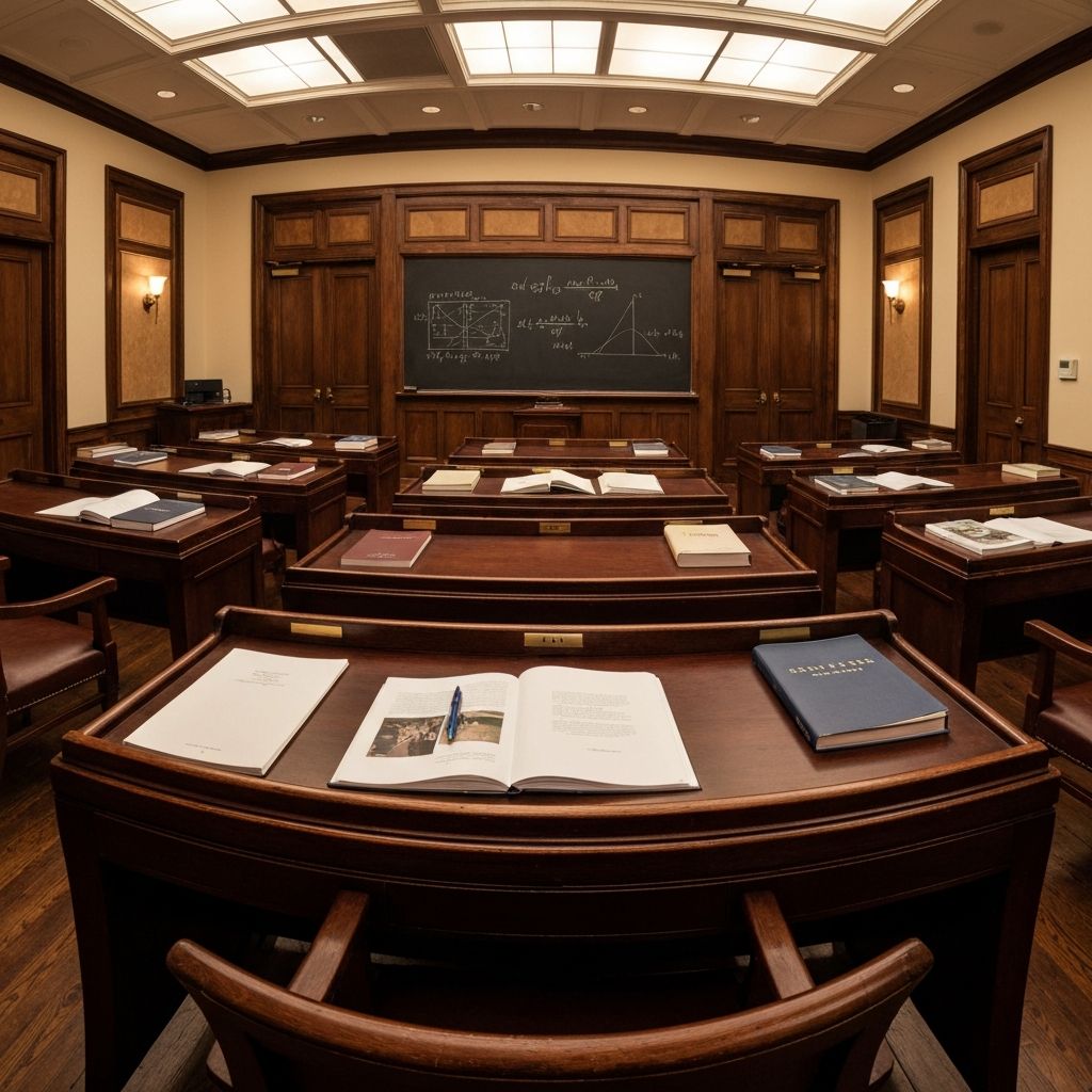 Graduate school seminar room with academic research materials for GRE preparation