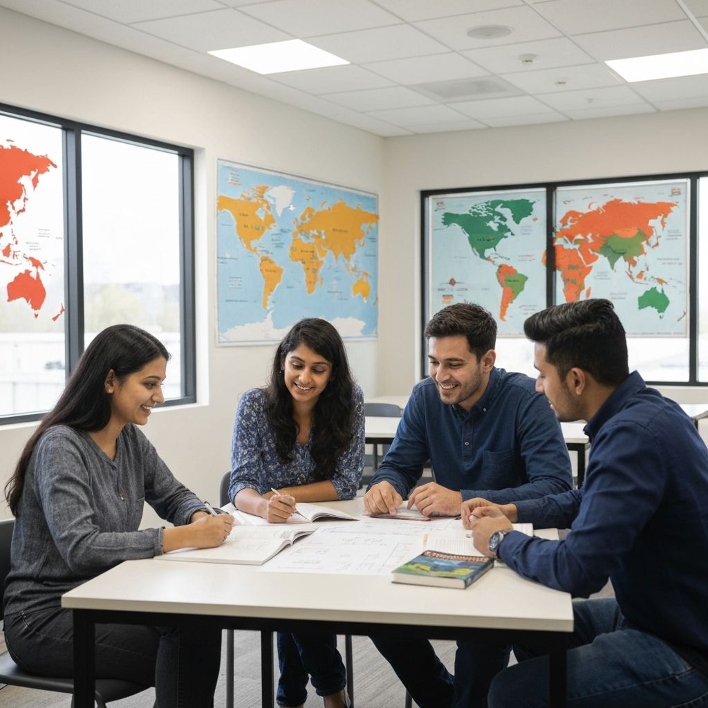 Diverse international students in campus setting for TOEFL preparation