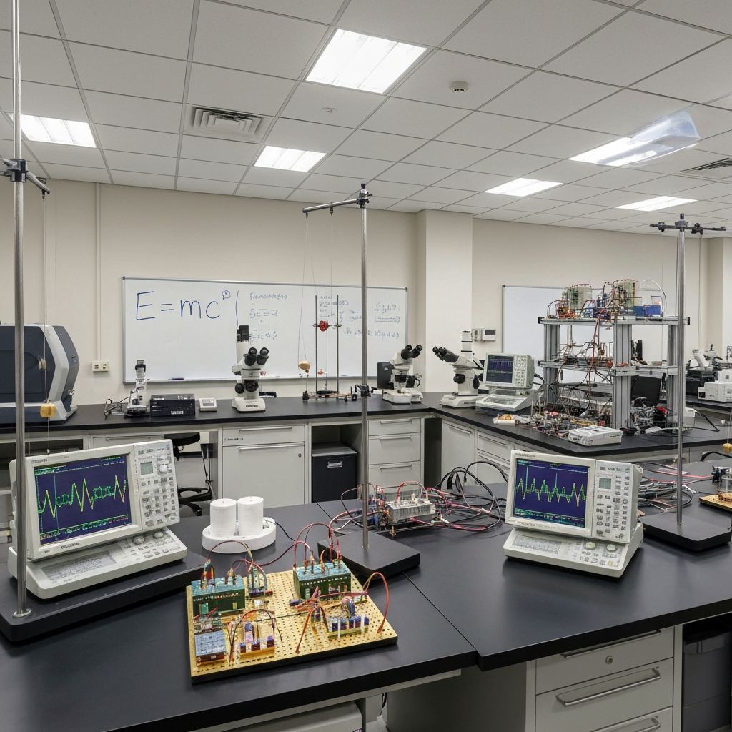 Physics laboratory with equipment and equations for A-Level Physics preparation